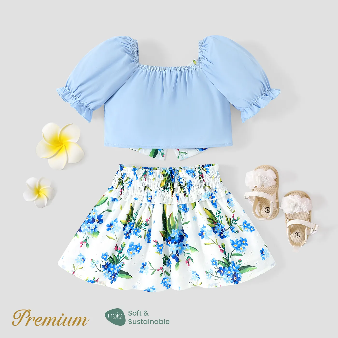 2pcs Baby Girl 100% Cotton Floral Print Big Bow Front Top and Smocked Skirt Set  image 2