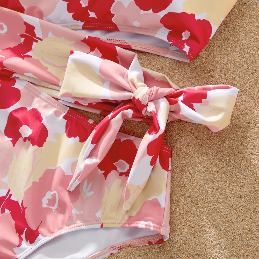 Family Matching Allover Floral Print Knot Side One-Shoulder One-piece Swimsuit or Striped Colorblock Swim Trunks Shorts big image 12