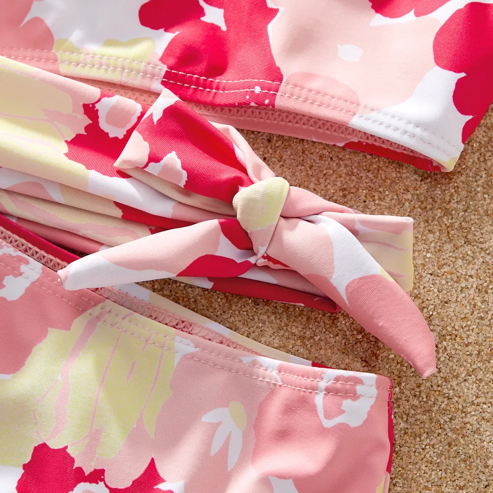 Family Matching Allover Floral Print Knot Side One-Shoulder One-piece Swimsuit or Striped Colorblock Swim Trunks Shorts big image 8