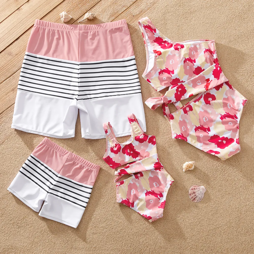 Family Matching Allover Floral Print Knot Side One-Shoulder One-piece Swimsuit or Striped Colorblock Swim Trunks Shorts  big image 3