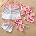 Family Matching Allover Floral Print Knot Side One-Shoulder One-piece Swimsuit or Striped Colorblock Swim Trunks Shorts  image 3