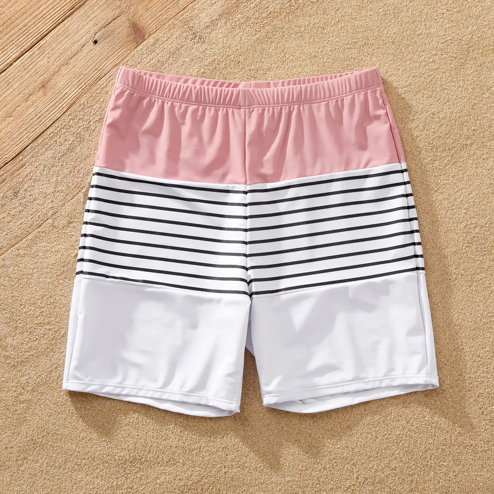 Family Matching Allover Floral Print Knot Side One-Shoulder One-piece Swimsuit or Striped Colorblock Swim Trunks Shorts  big image 13