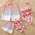 Family Matching Allover Floral Print Knot Side One-Shoulder One-piece Swimsuit or Striped Colorblock Swim Trunks Shorts  image 2