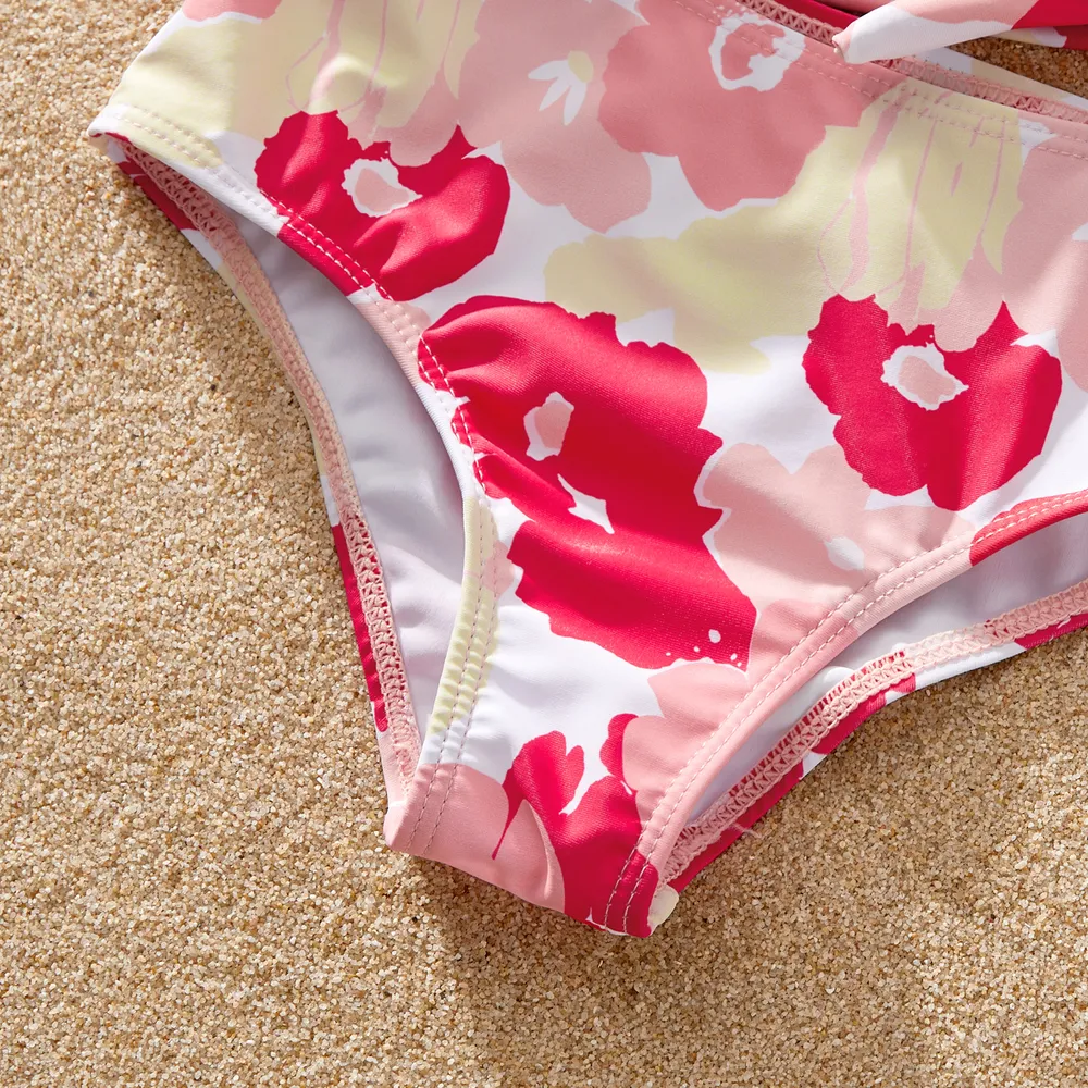 Family Matching Allover Floral Print Knot Side One-Shoulder One-piece Swimsuit or Striped Colorblock Swim Trunks Shorts big image 9