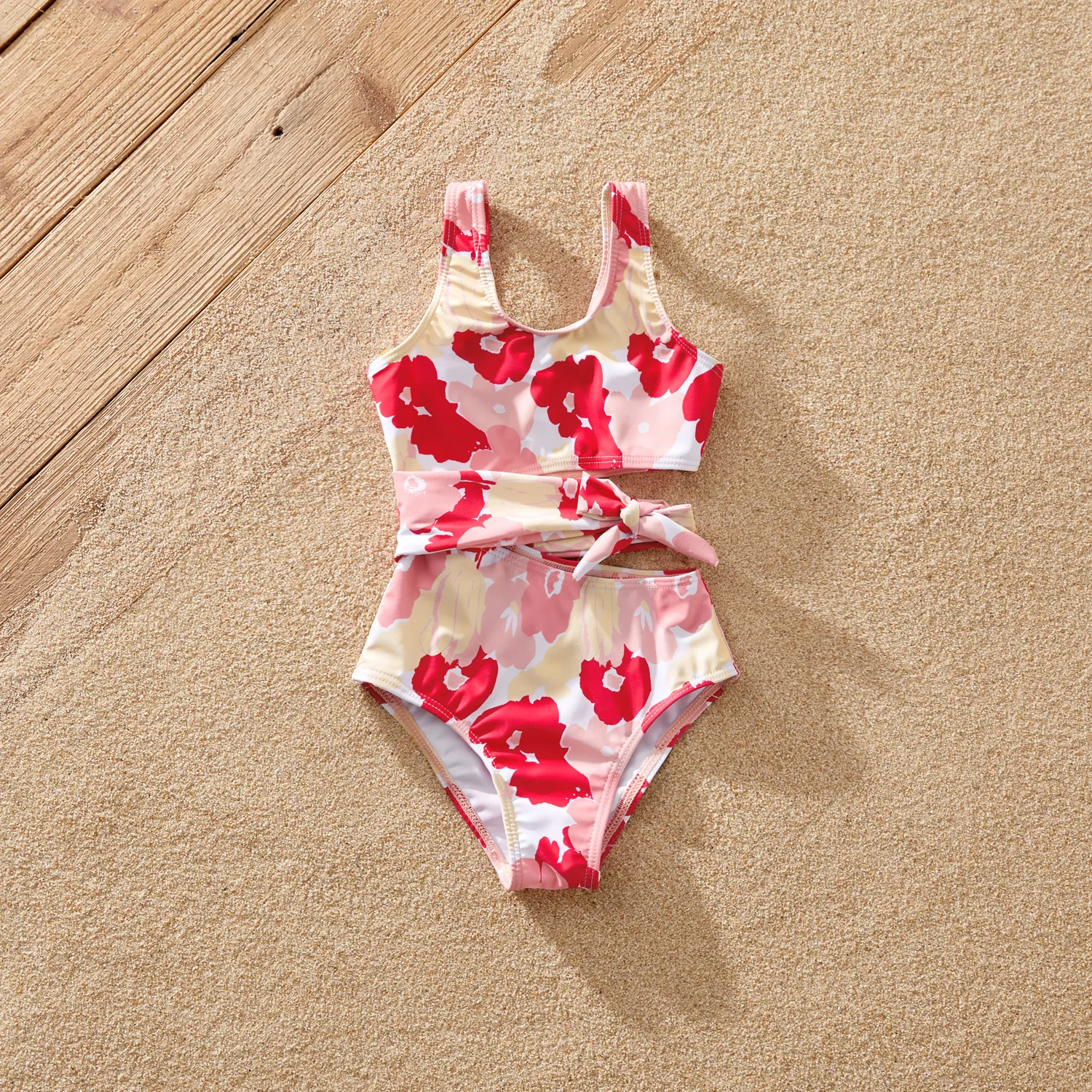 Family Matching Allover Floral Print Knot Side One-Shoulder One-piece Swimsuit or Striped Colorblock Swim Trunks Shorts  big image 6