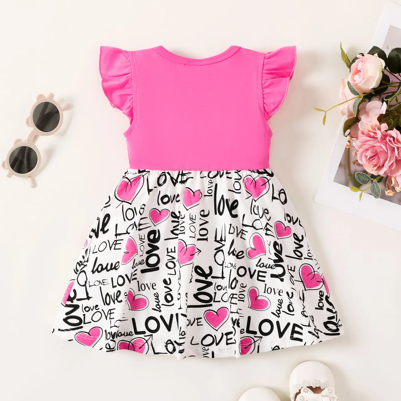 Baby Girl Letter Print Bow Front Flutter-sleeve 2 In 1 Dress    image 2