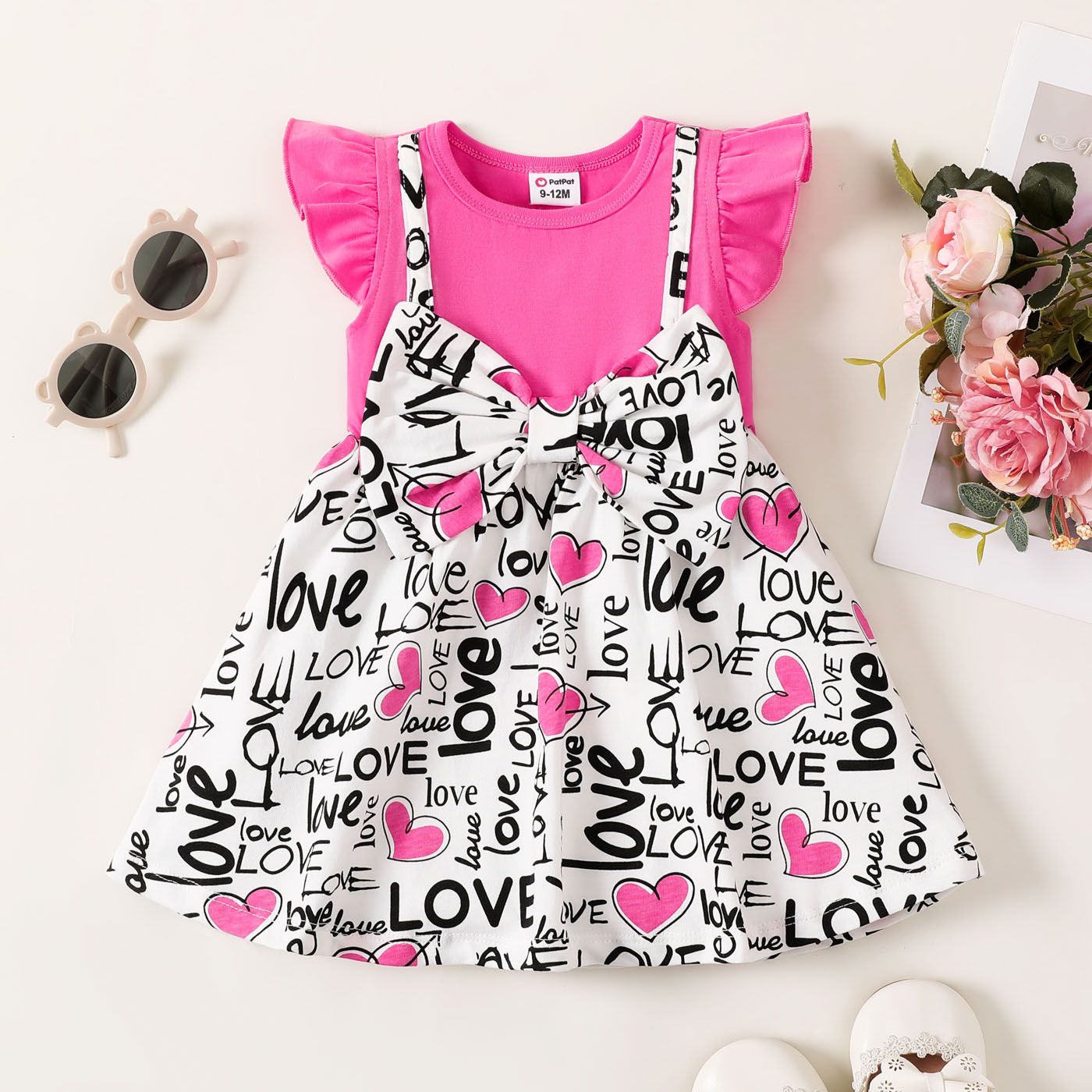 Baby Girl Letter Print Bow Front Flutter-sleeve 2 In 1 Dress