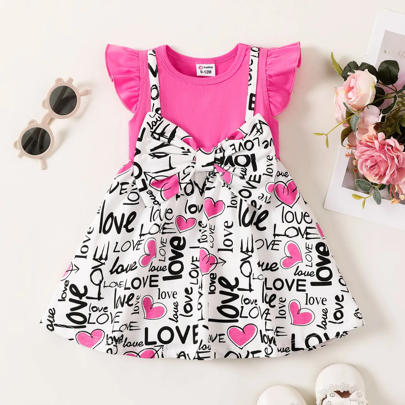Baby Girl Letter Print Bow Front Flutter-sleeve 2 In 1 Dress    big image 1