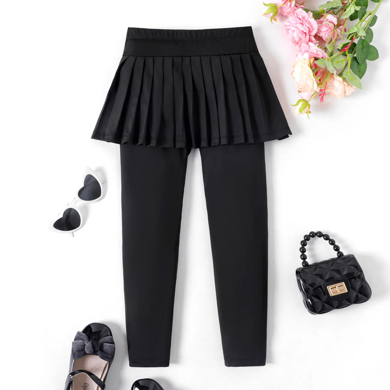 Kid Girl Solid Pleated 2 In 1 Leggings