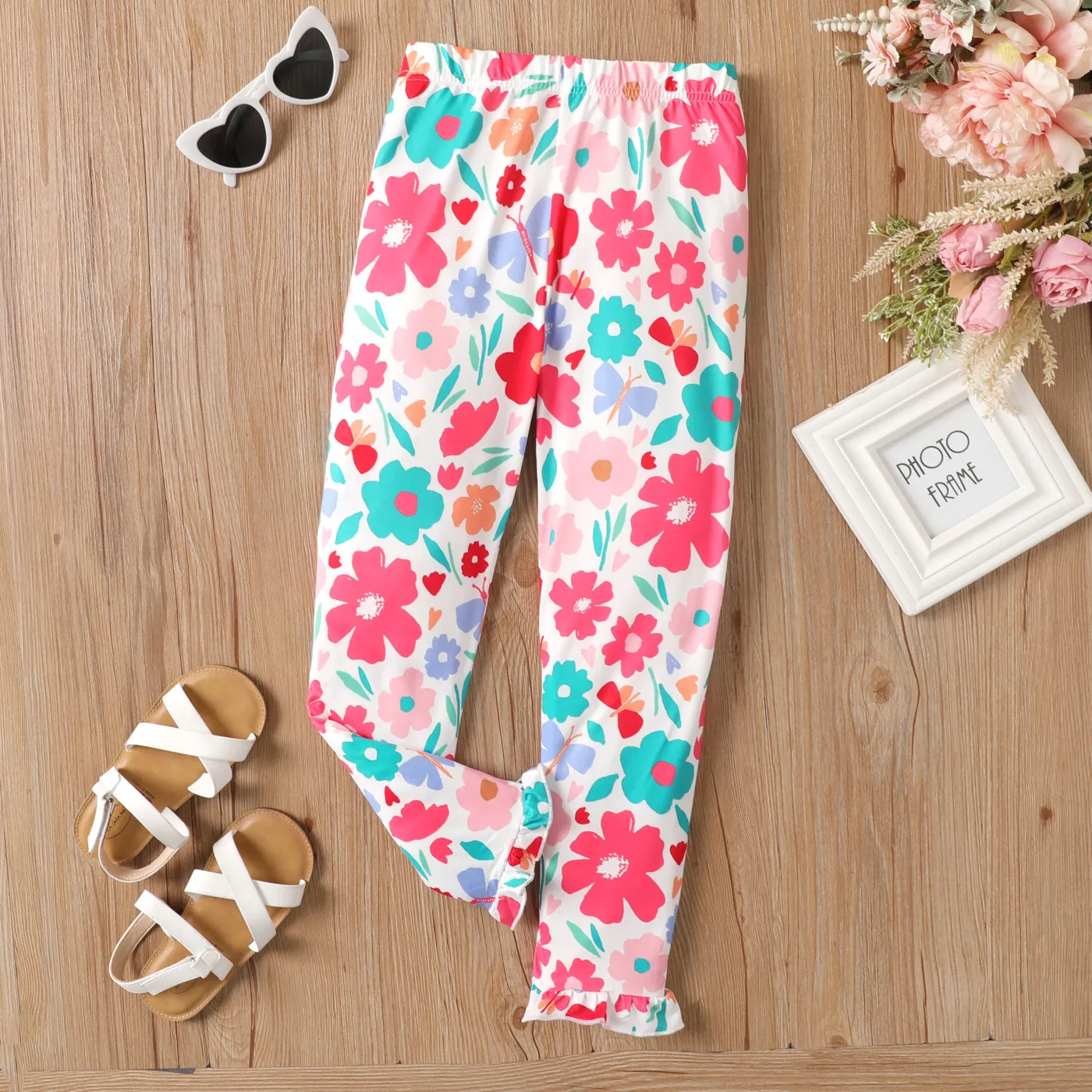Kid Girl Floral / Figura Print Ruffle Trim Leggings  Multicolorido