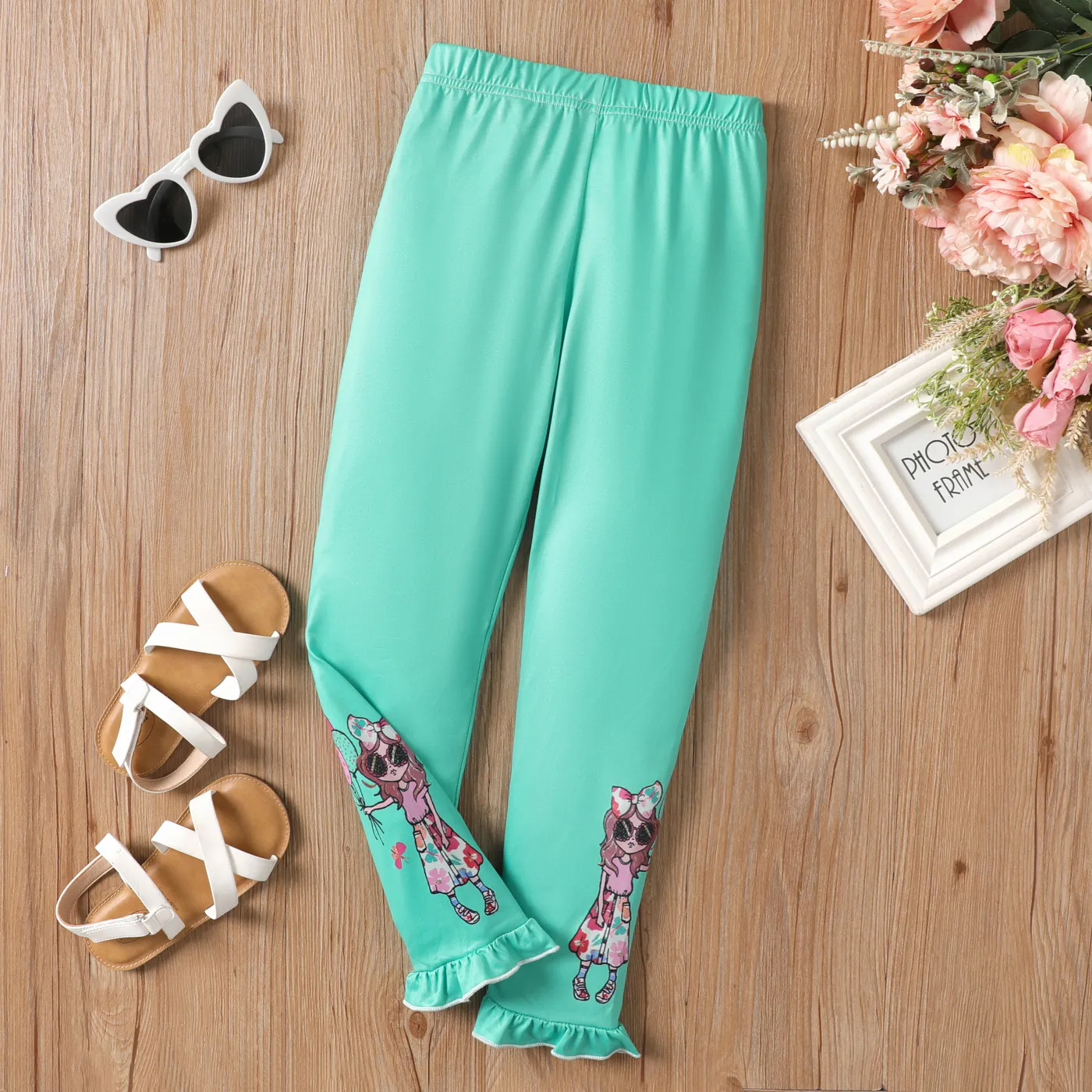 Kid Girl Floral / Figura Print Ruffle Trim Leggings   big image 1