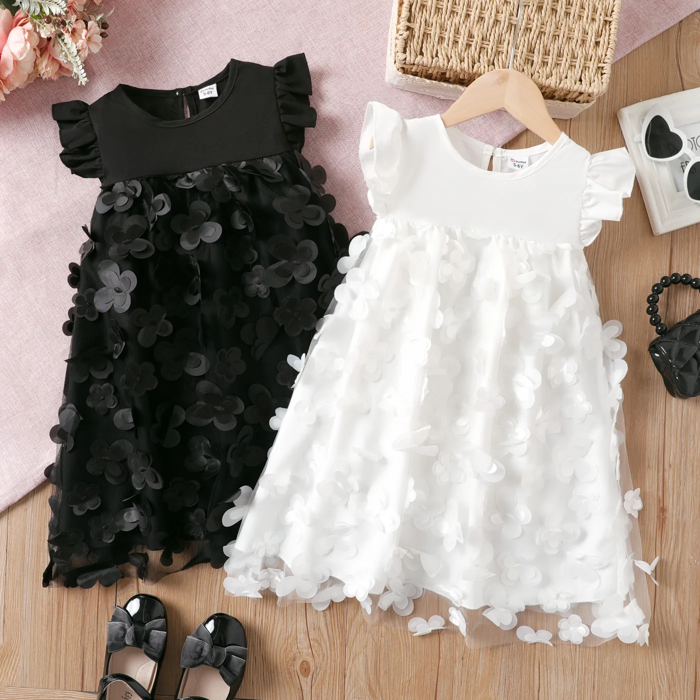 Kid Girl 3D Floral Butterfly Applique Mesh Panel Flutter-sleeve Fairy Dress  image 6