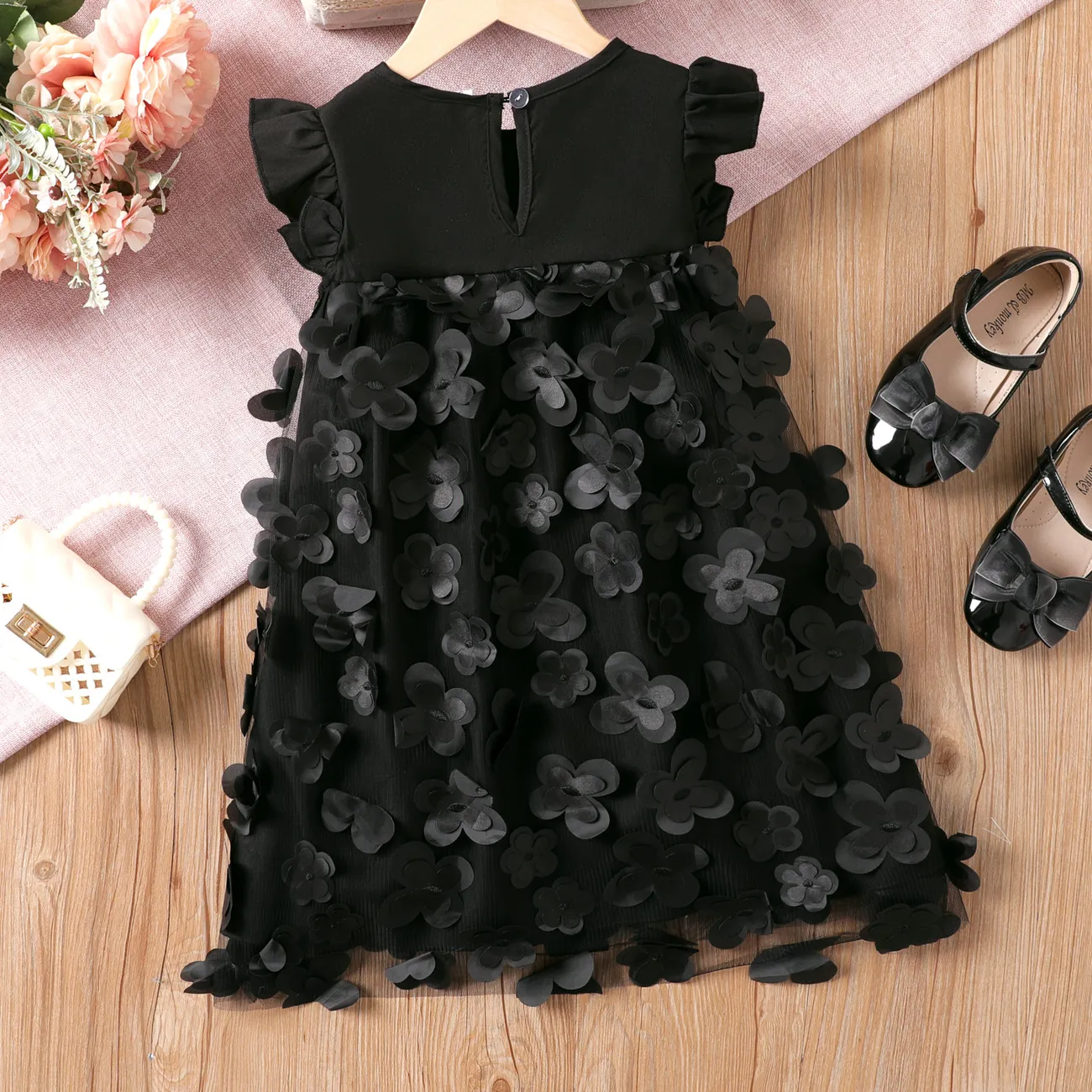 Kid Girl 3D Floral Butterfly Applique Mesh Panel Flutter-sleeve Fairy Dress Black big image 1