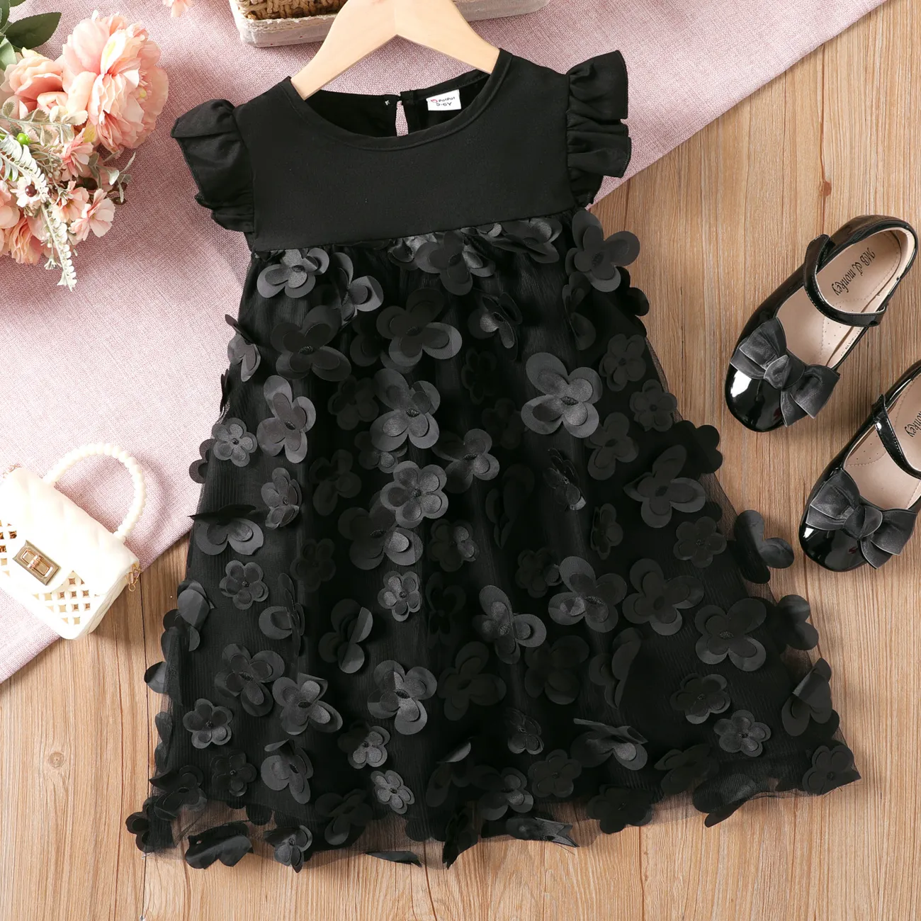 Kid Girl 3D Floral Butterfly Applique Mesh Panel Flutter-sleeve Fairy Dress Black big image 1