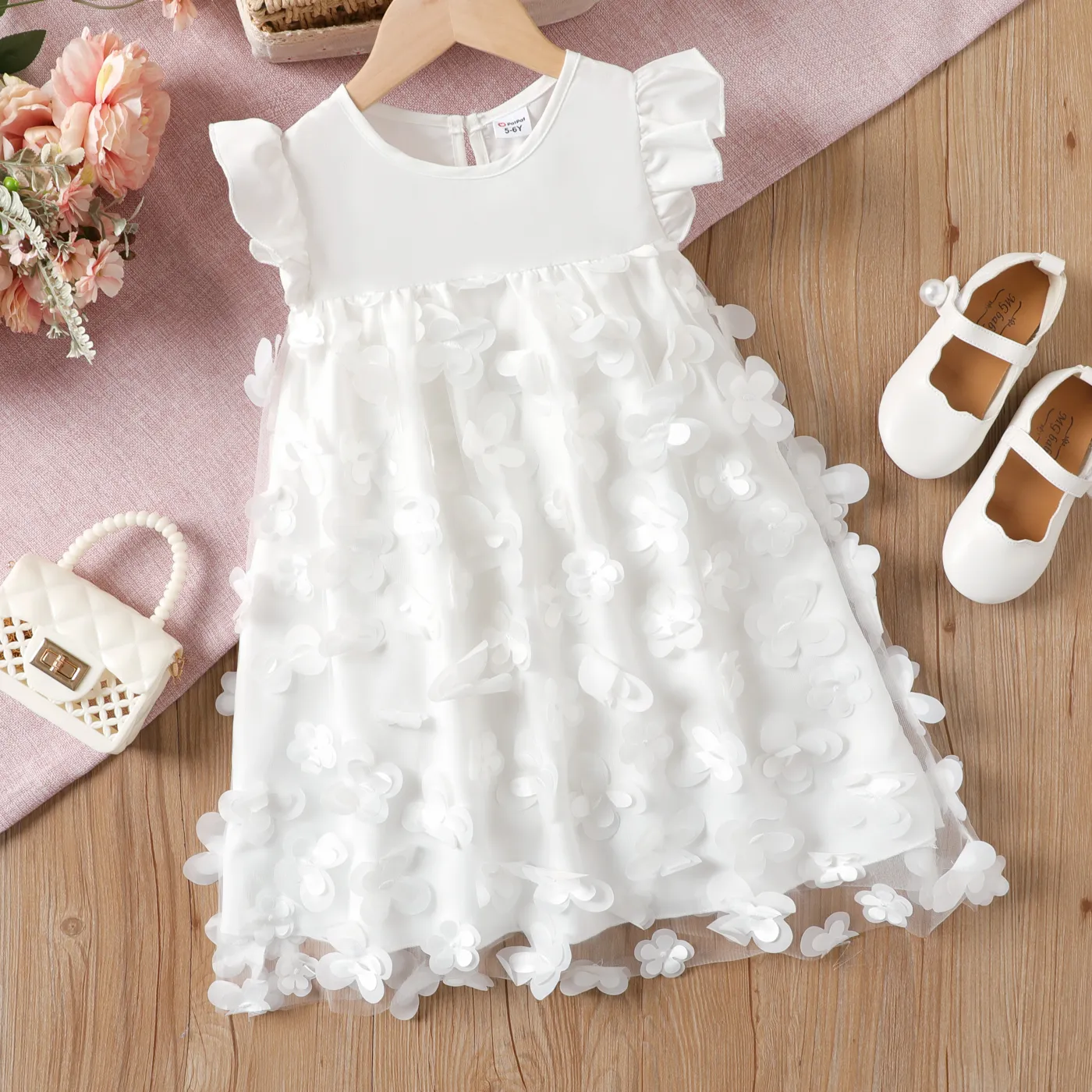 Kid Girl 3D Floral Butterfly Applique Mesh Panel Flutter-sleeve Fairy Dress Dress