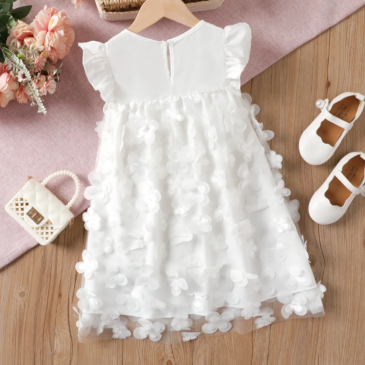Kid Girl 3D Floral Butterfly Applique Mesh Panel Flutter-sleeve Fairy Dress  image 5
