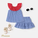 2pcs Toddler Girl 100% Cotton Anchor Embroidered Ruffle Collar Plaid Tank Top and Layered Plaid Skirt Set PLAID image 4