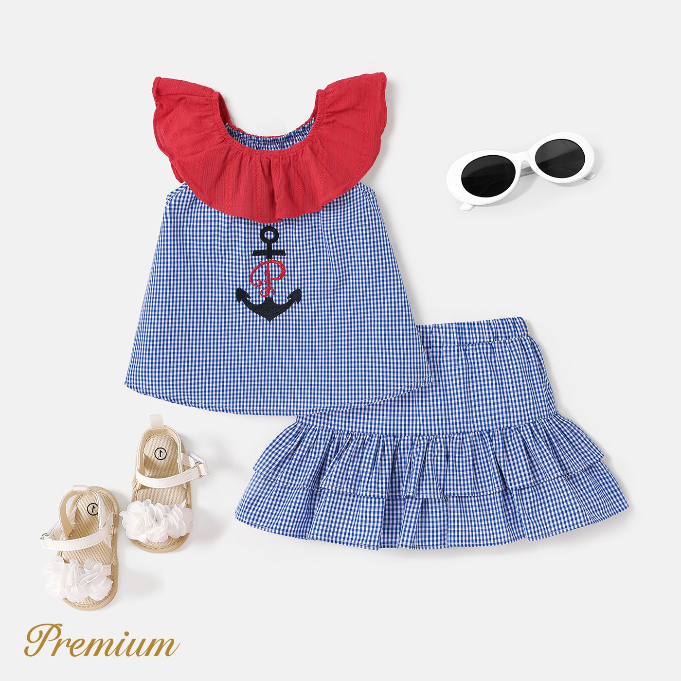2pcs Toddler Girl 100% Cotton Anchor Embroidered Ruffle Collar Plaid Tank Top And Layered Plaid Skirt Set