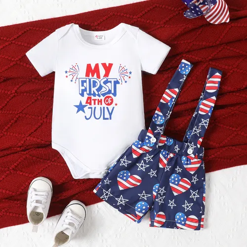 Independence Day 2pcs Baby Boy Letter Print Bodysuit and Heart Stars Print Suspender Shorts Set