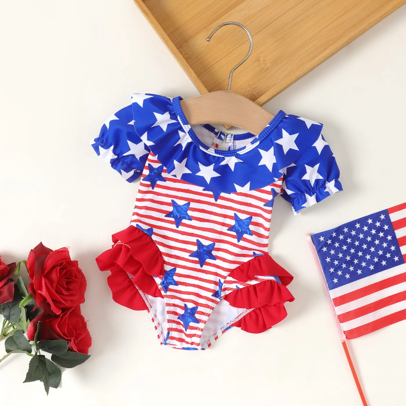 Independence Day Baby Girl Striped Stars Print Ruffled One Piece Swimsuit