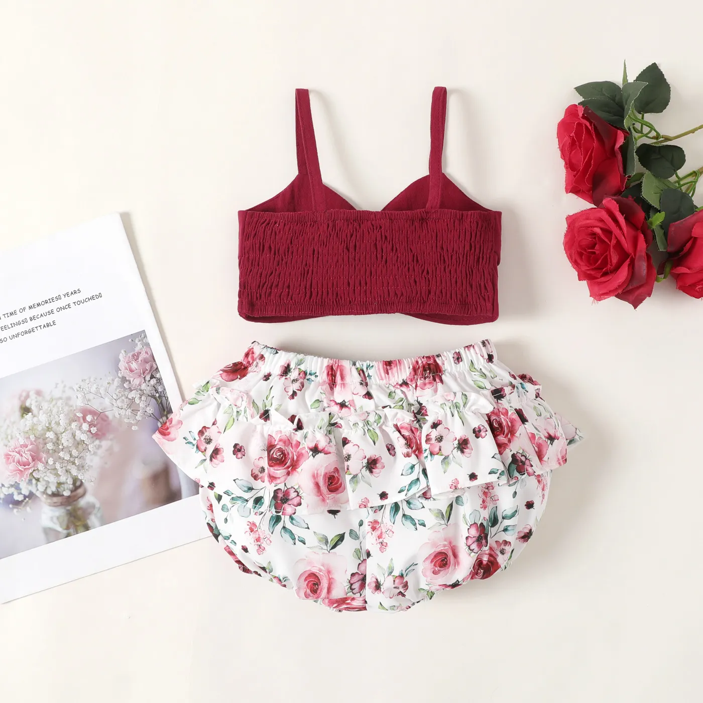 2pcs Baby Girl 100% Cotton Twist Knot Front Cami Top and Floral Print Shorts Set  Burgundy image 2