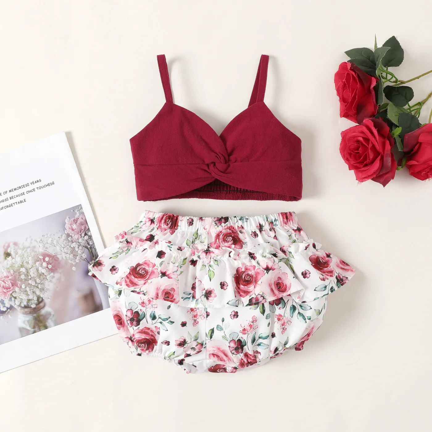 2pcs Baby Girl 100% Cotton Twist Knot Front Cami Top and Floral Print Shorts Set  Burgundy big image 1