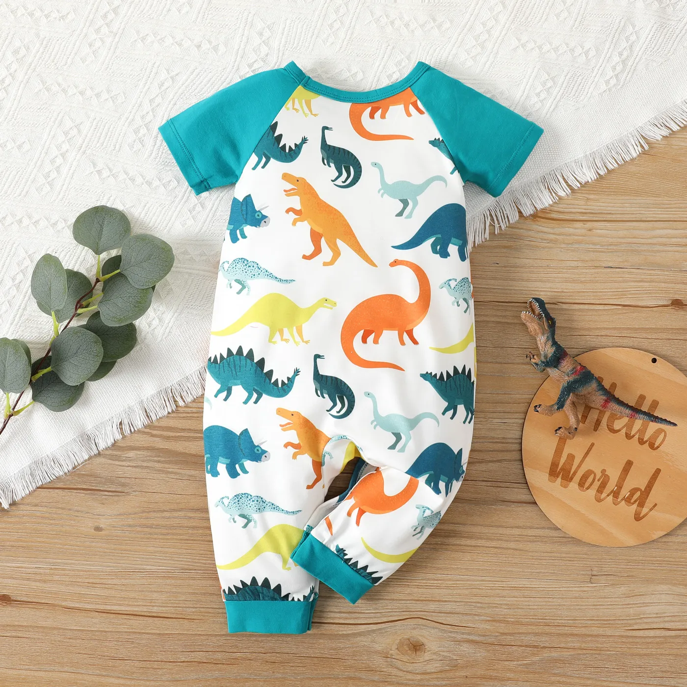 Baby Boy Naia™ Dinosaur Print Short-sleeve Henley Jumpsuit Turquoise image 2