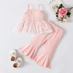2pcs Baby Girl Lace Ruffle Hem Rib-knit Cami Top and Flared Pants Set Pink