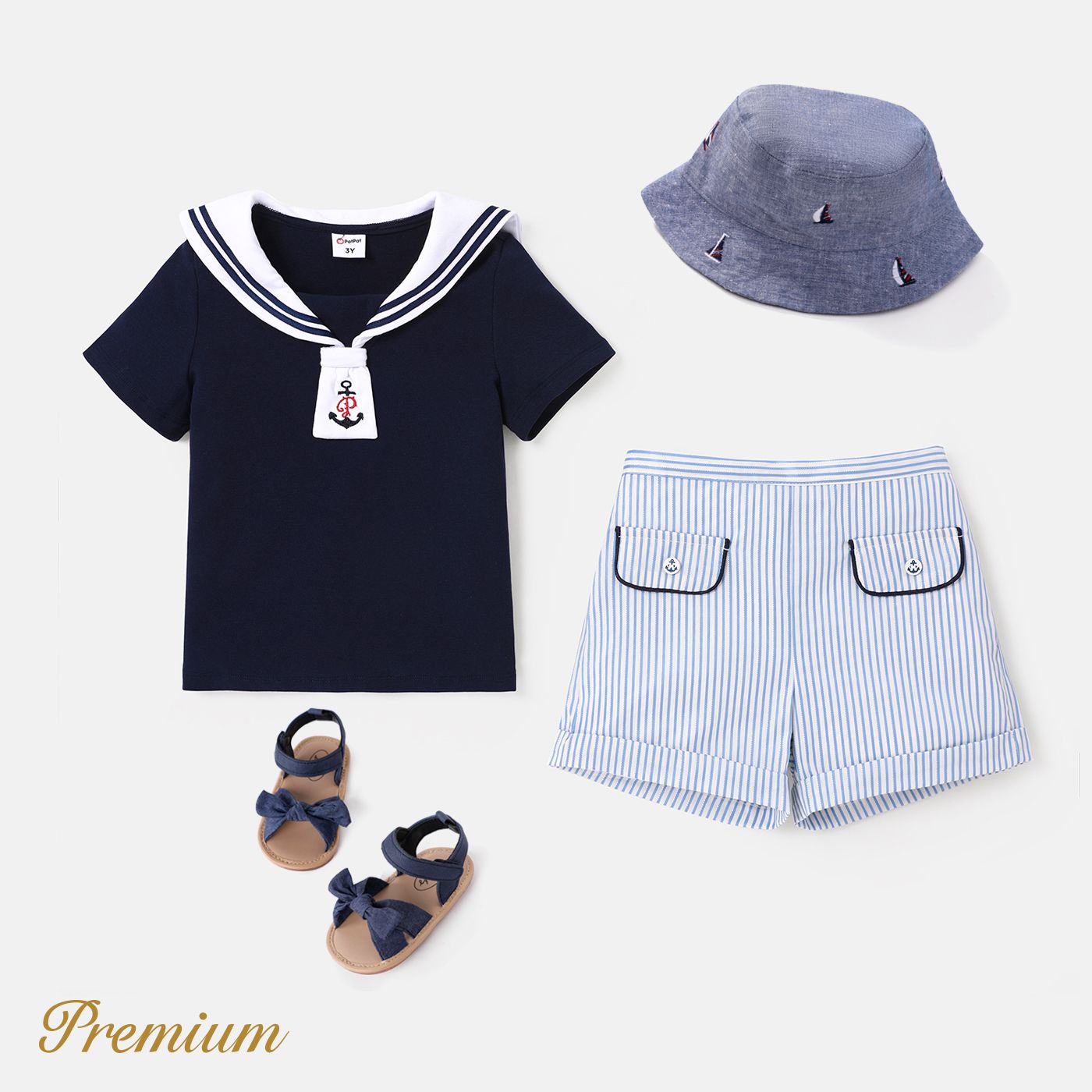 2pcs Toddler Girl/Boy Anchor Embroidered Statement Collar Top and 100% Cotton Striped Shorts Se