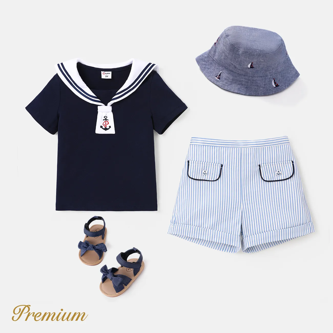 2pcs Toddler Girl/Boy Anchor Embroidered Statement Collar Top and 100% Cotton Striped Shorts Se  big image 1