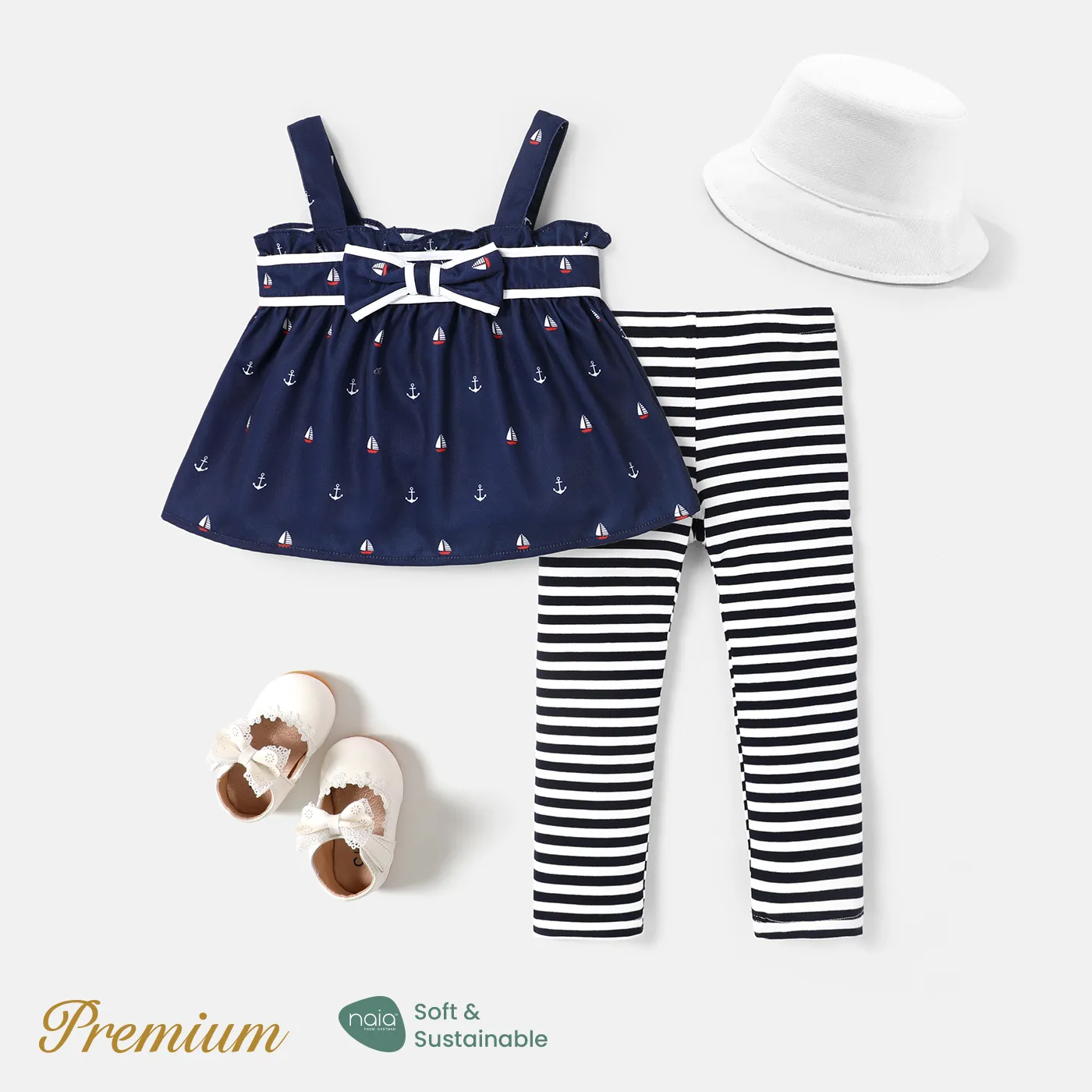 2pcs Baby Girl Anchor Sailboat Print Bow Front Cami Top and Striped Leggings Set