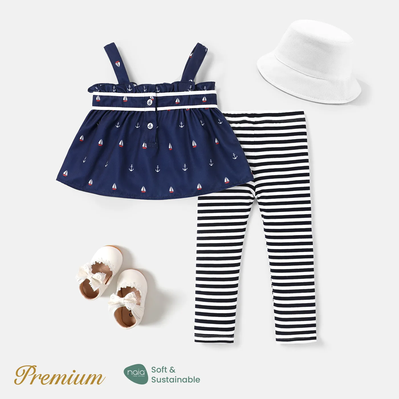 2pcs Baby Girl Anchor Sailboat Print Bow Front Cami Top and Striped Leggings Set  image 3