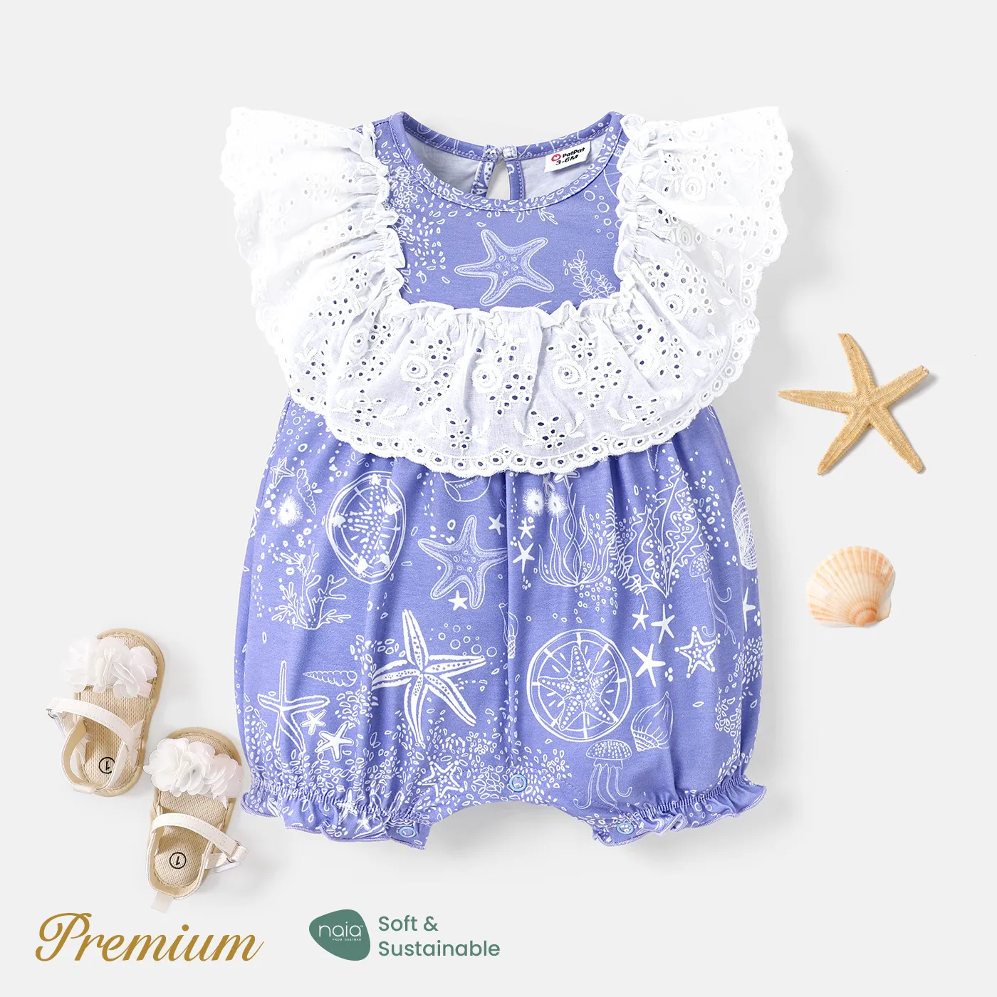 Baby Girl Naia™ Ocean Print Lace Trim Romper Blue big image 1