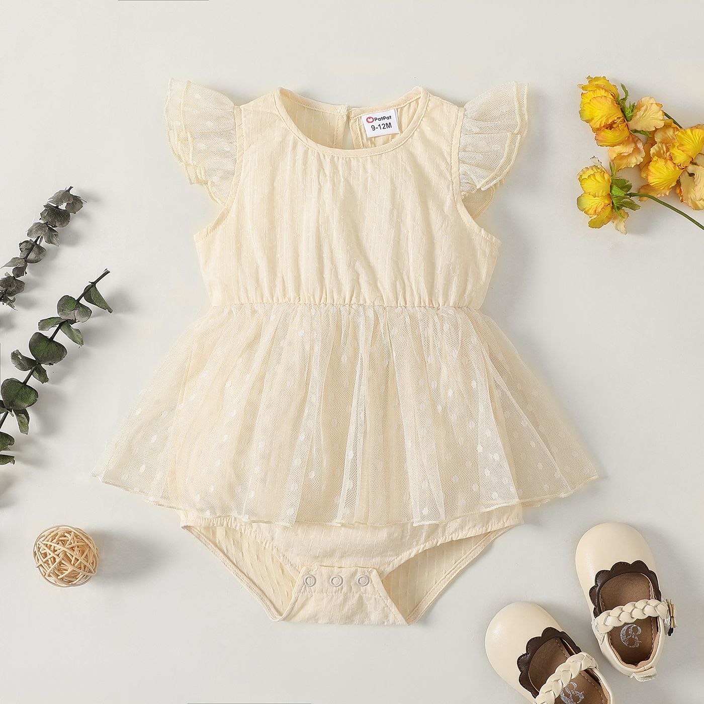Baby Girl Solid Flutter-sleeve Bodysuit Dress