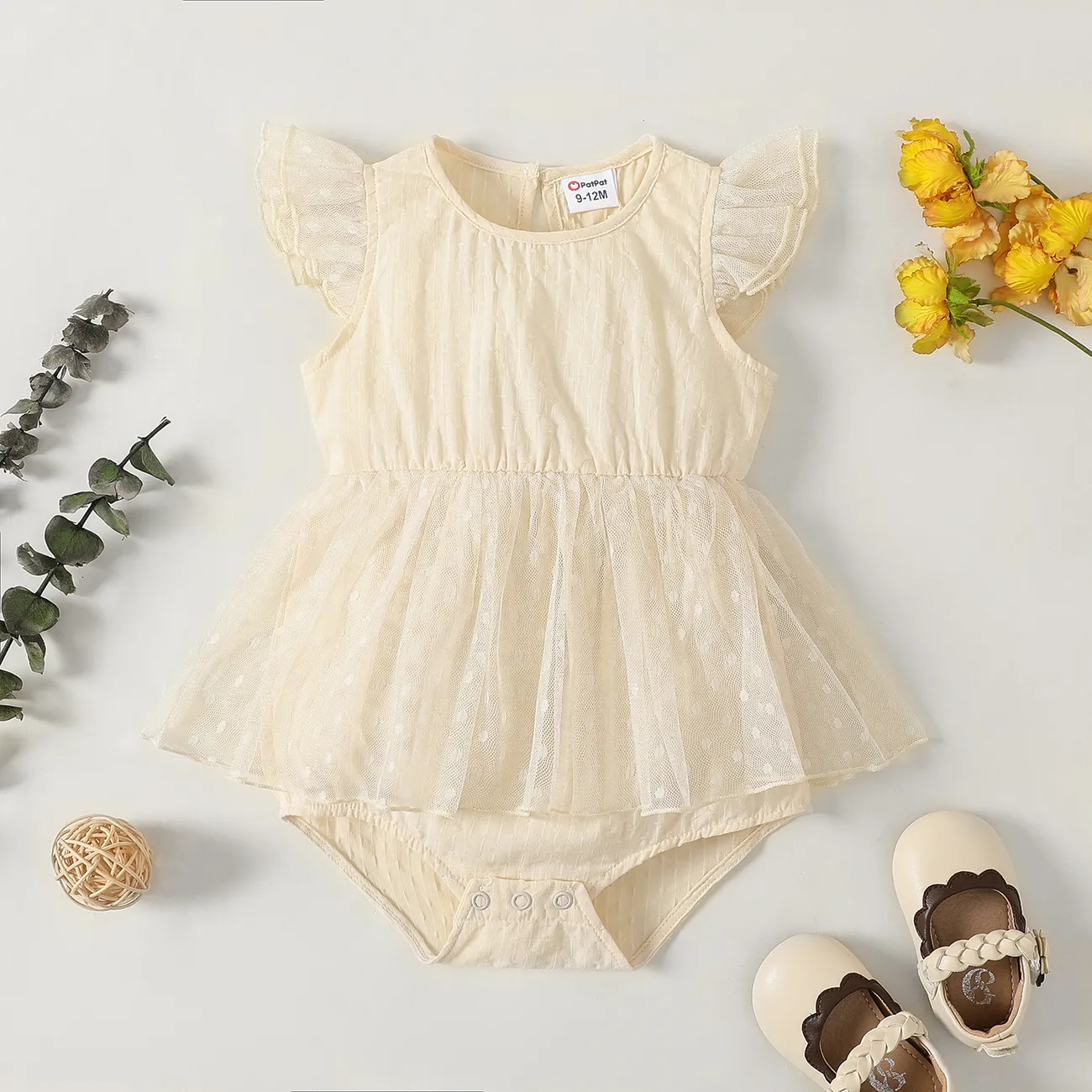 Baby Girl Solid Flutter-sleeve Bodysuit Dress  big image 1
