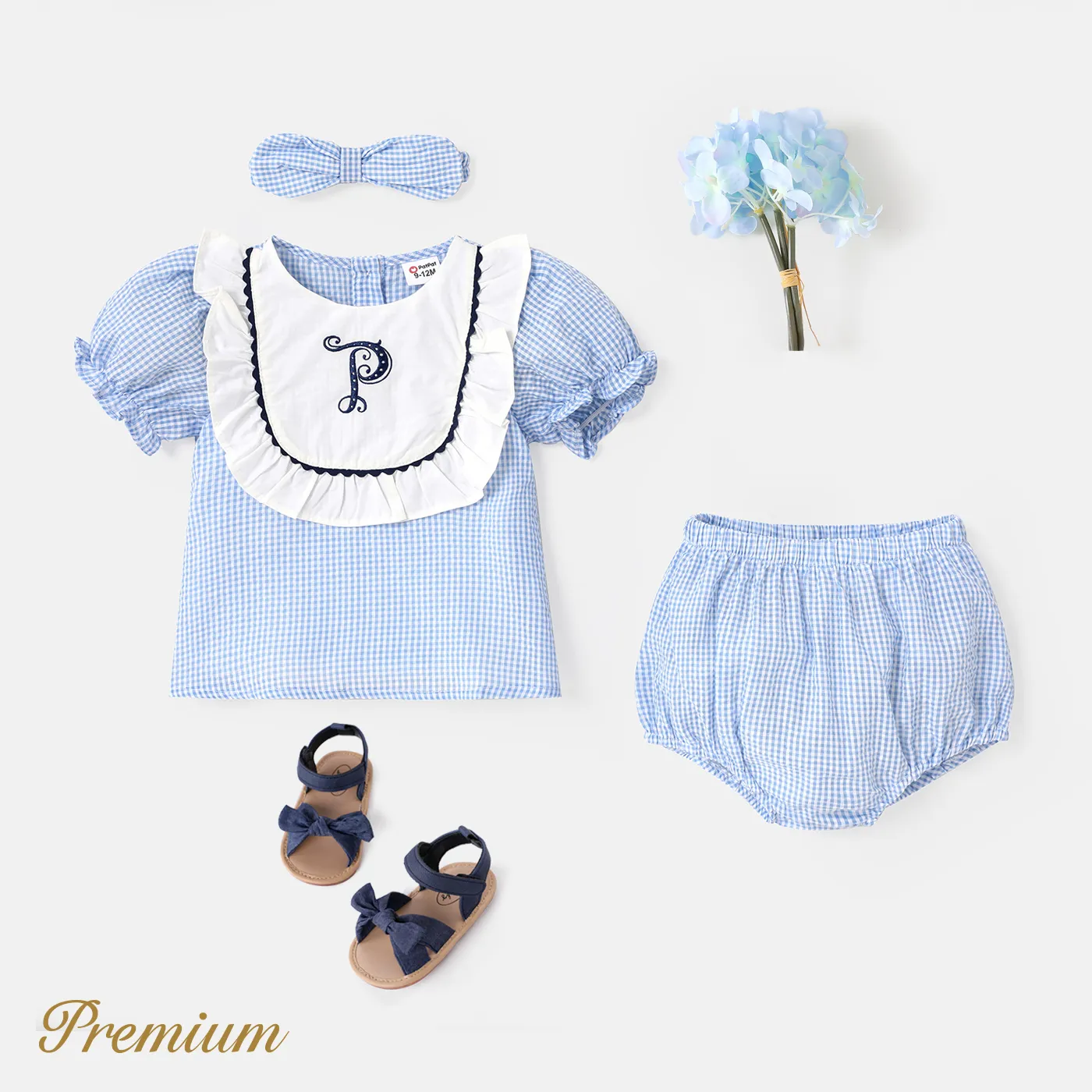 3pcs Baby Girl Letter Embroidered Square Neck Plaid Top and Shorts and Headband Set