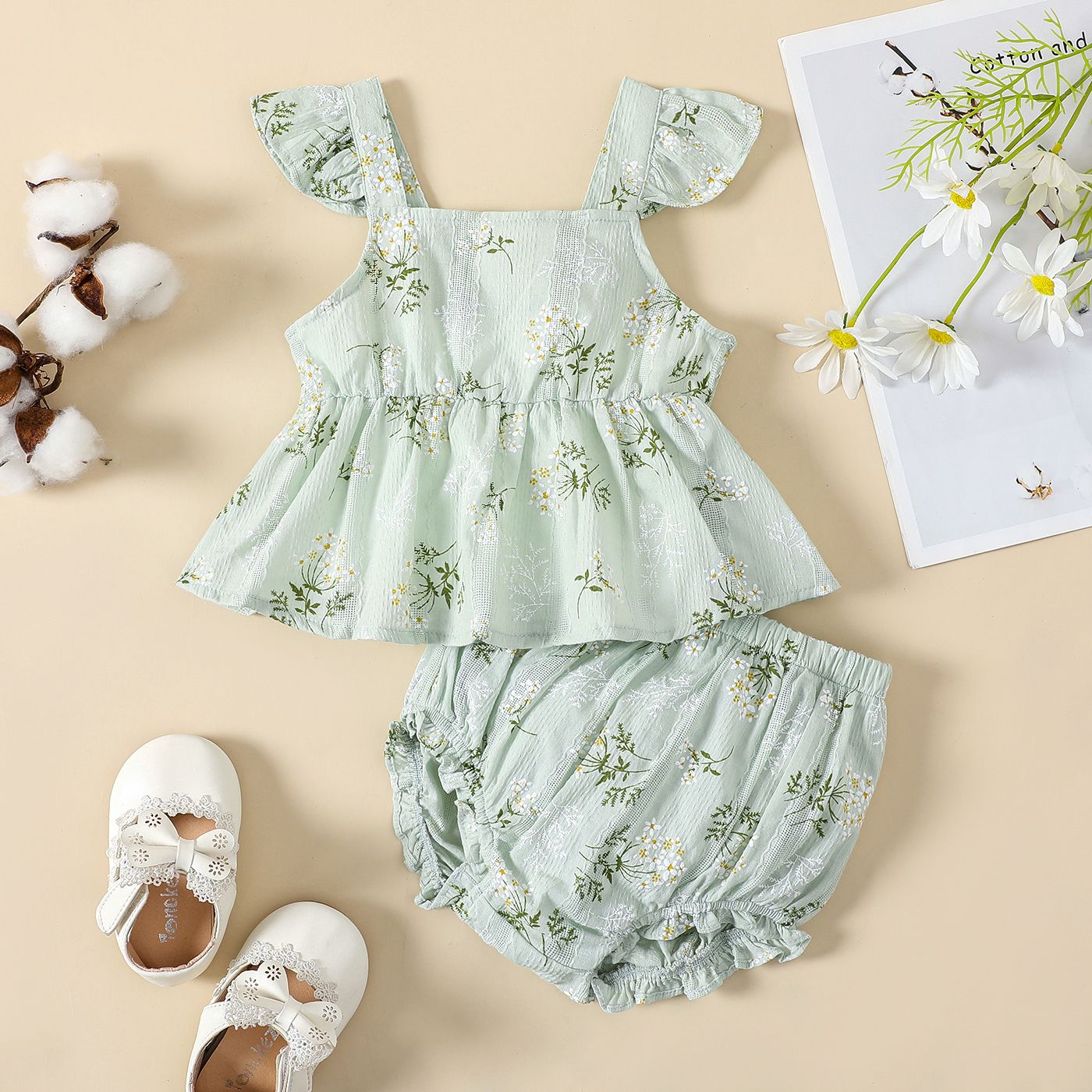 

2pcs Baby Girl 100% Cotton Floral Print Ruffle Hem Flutter-sleeve Top and Shorts Set