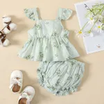 2pcs Baby Girl 100% Cotton Floral Print Ruffle Hem Flutter-sleeve Top and Shorts Set    Light Green