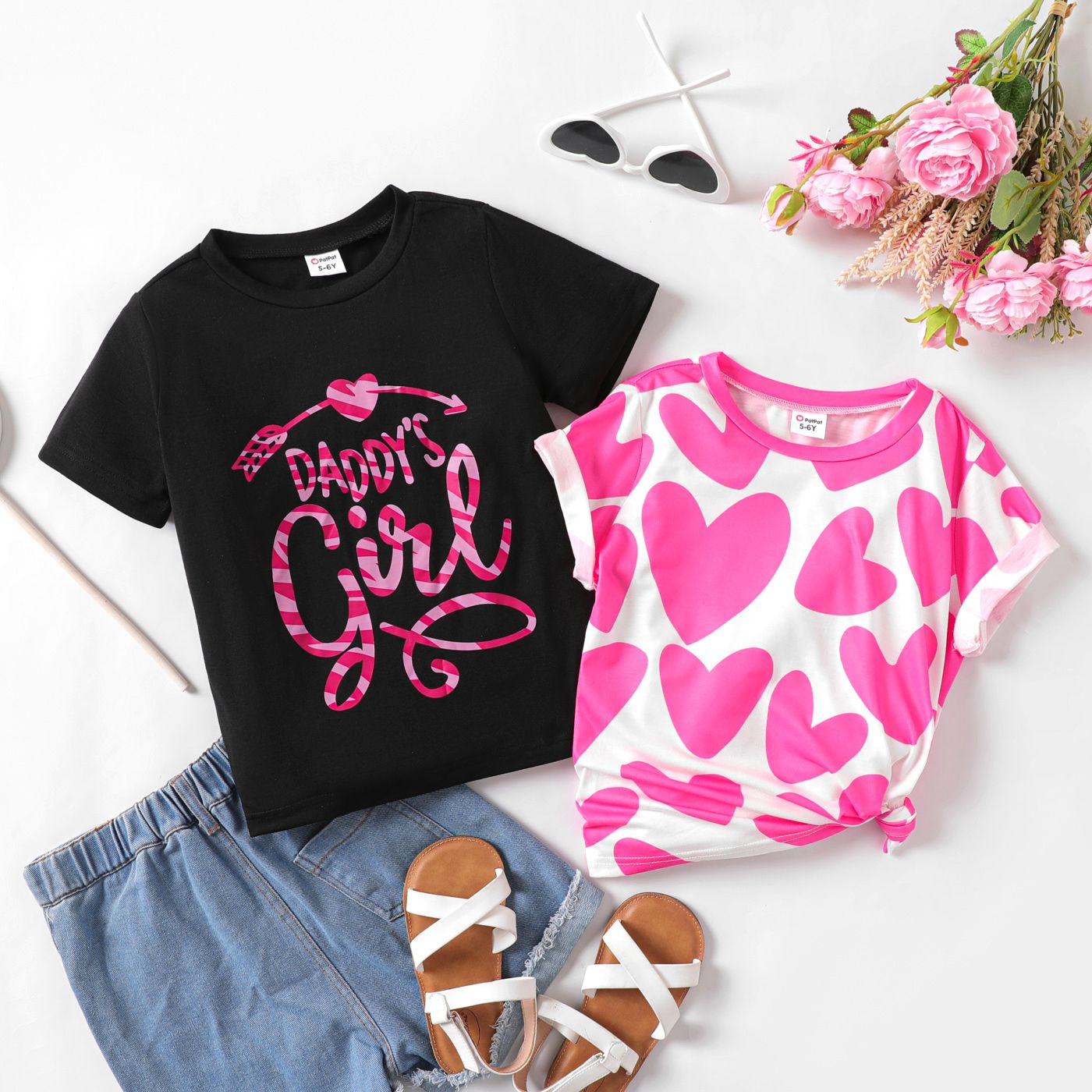 Kid Girl Heart/Letter Print Tee à Manches Courtes