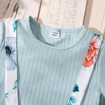 2pcs Kid Girl Rib-knit Short-sleeve Top and Floral Print Suspender Skirt Set Light Blue image 3