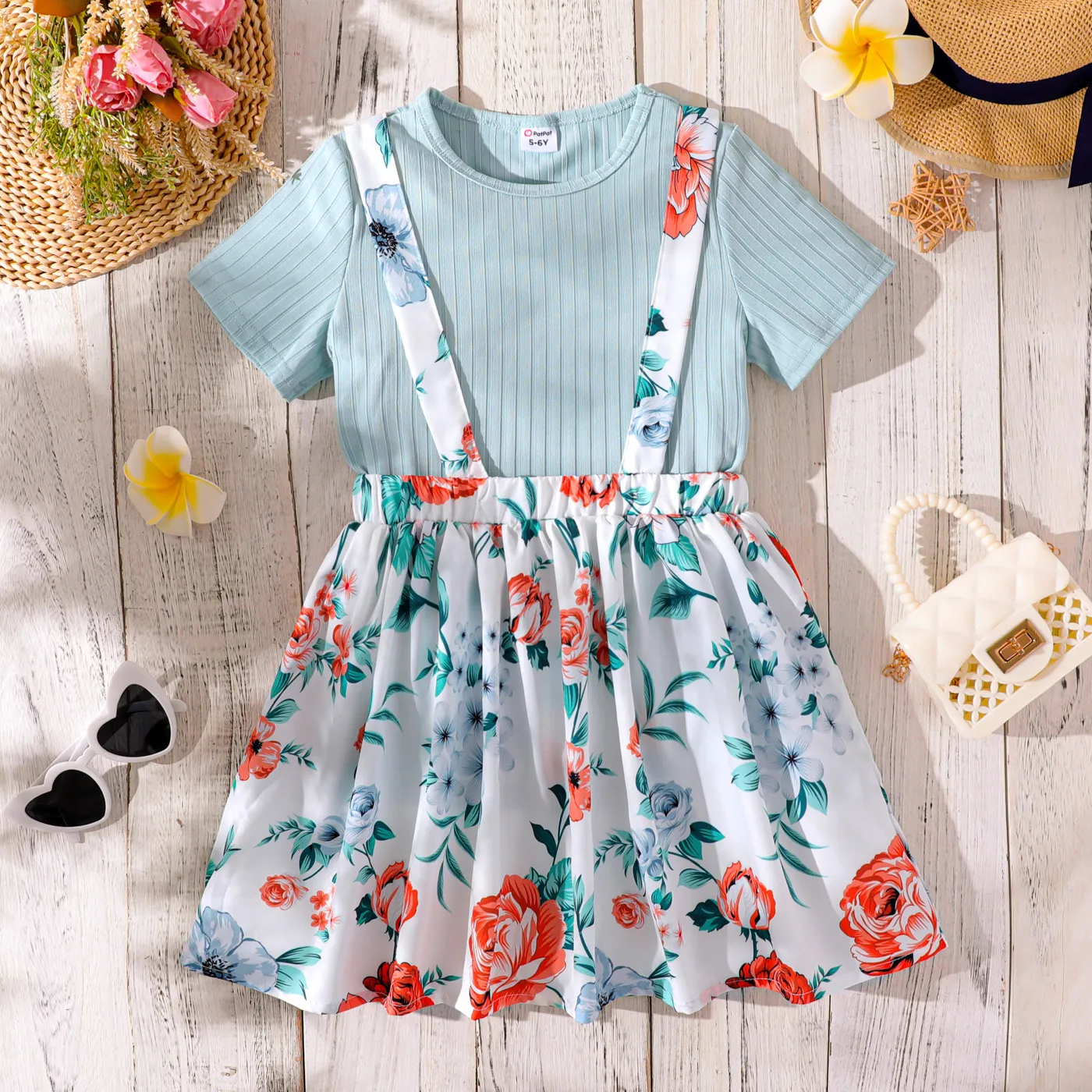 2pcs Kid Girl Rib-knit Short-sleeve Top and Floral Print Suspender Skirt Set Light Blue big image 1