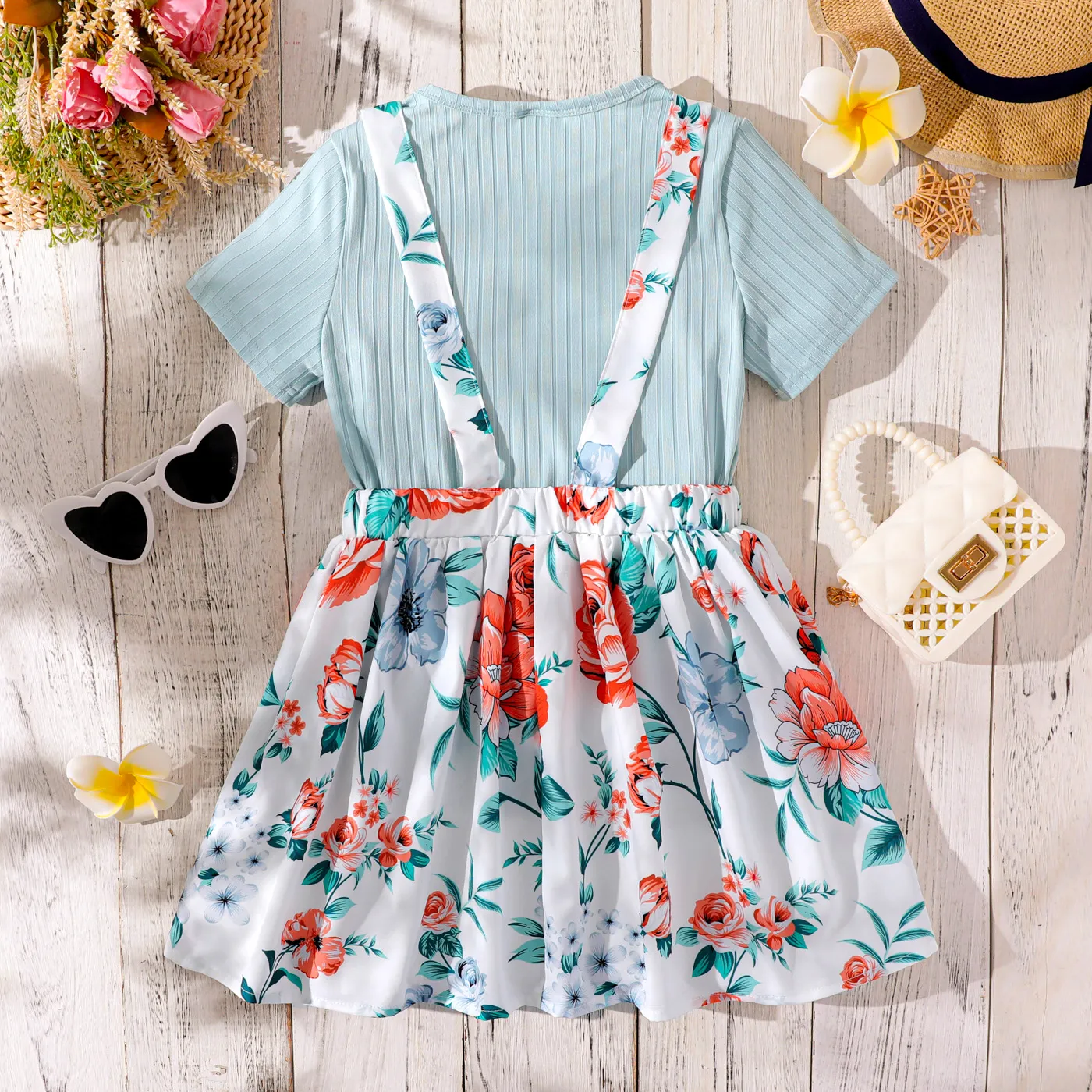 2pcs Kid Girl Rib-knit Short-sleeve Top and Floral Print Suspender Skirt Set Light Blue image 2