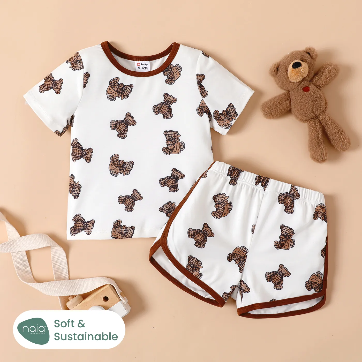 2pcs Baby Boy Naia™ Allover Bear Print Short-sleeve Tee and Dolphin Shorts Set  big image 1