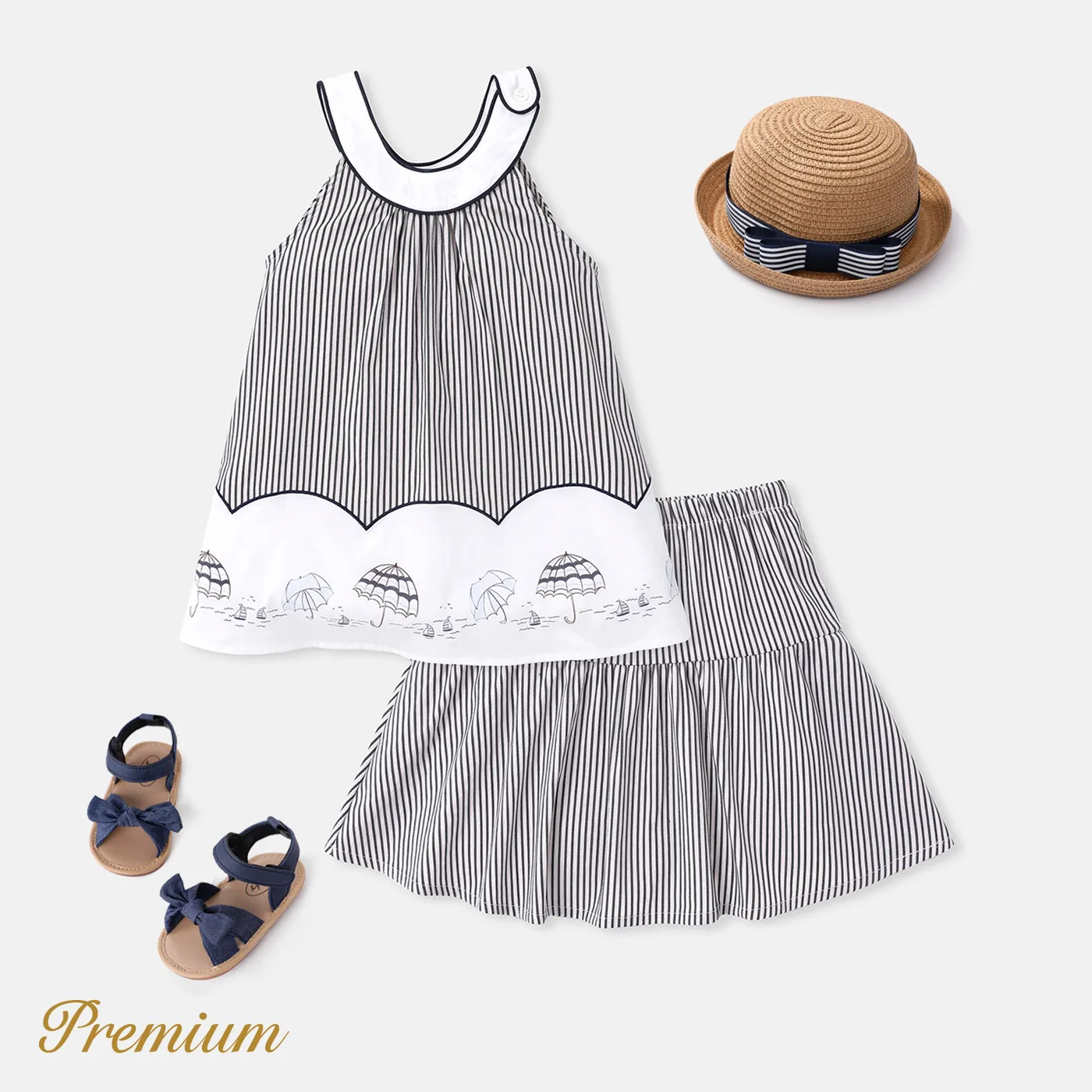 2pcs Kid Girl 100% Cotton Umbrella Sailboat Print Striped Tank Top and Stripe Skirt Set BlackandWhite big image 1