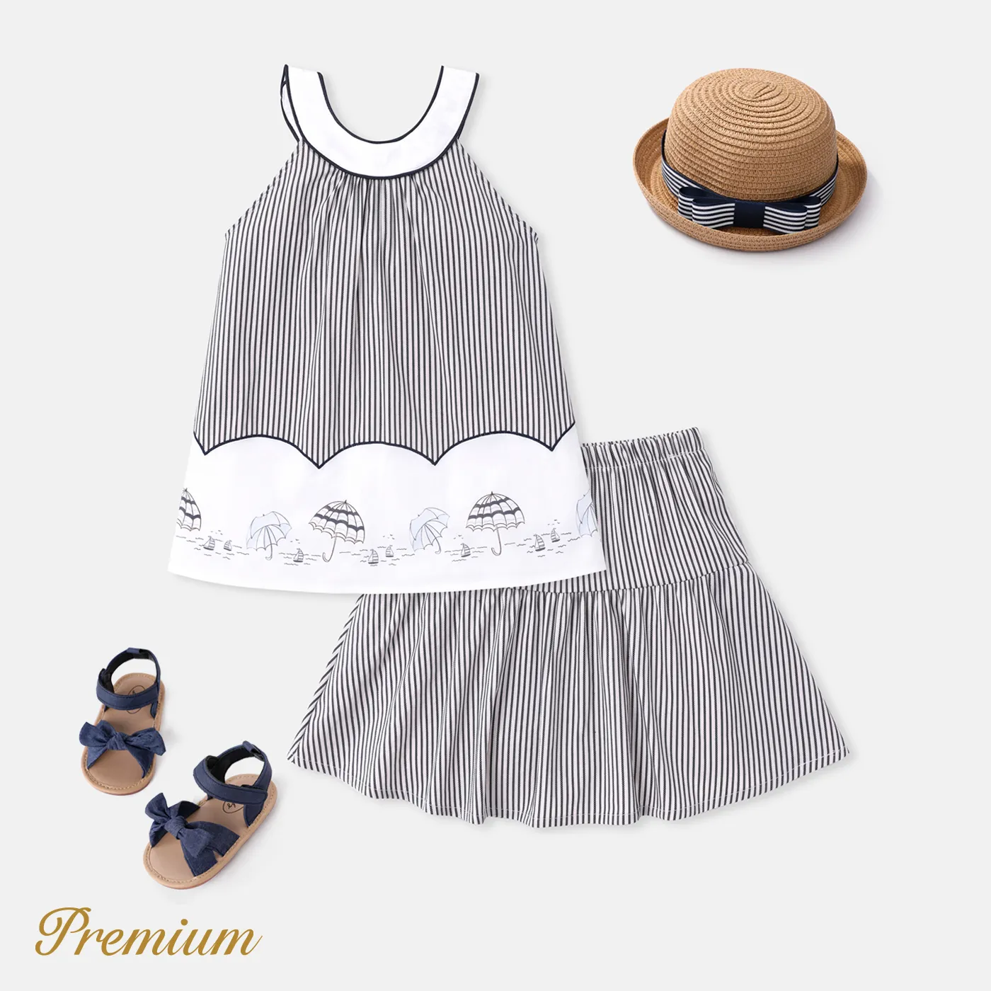 2pcs Kid Girl 100% Cotton Umbrella Sailboat Print Striped Tank Top and Stripe Skirt Set BlackandWhite image 4