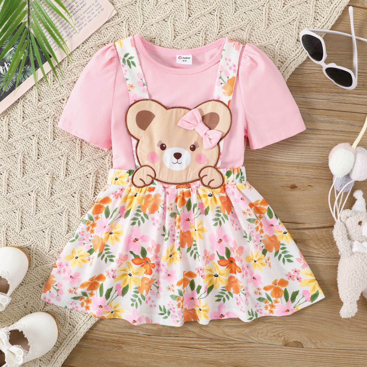 

2pcs Toddler Girl Pink Short-sleeve Top and Bear Graphic Suspender Skirt Set