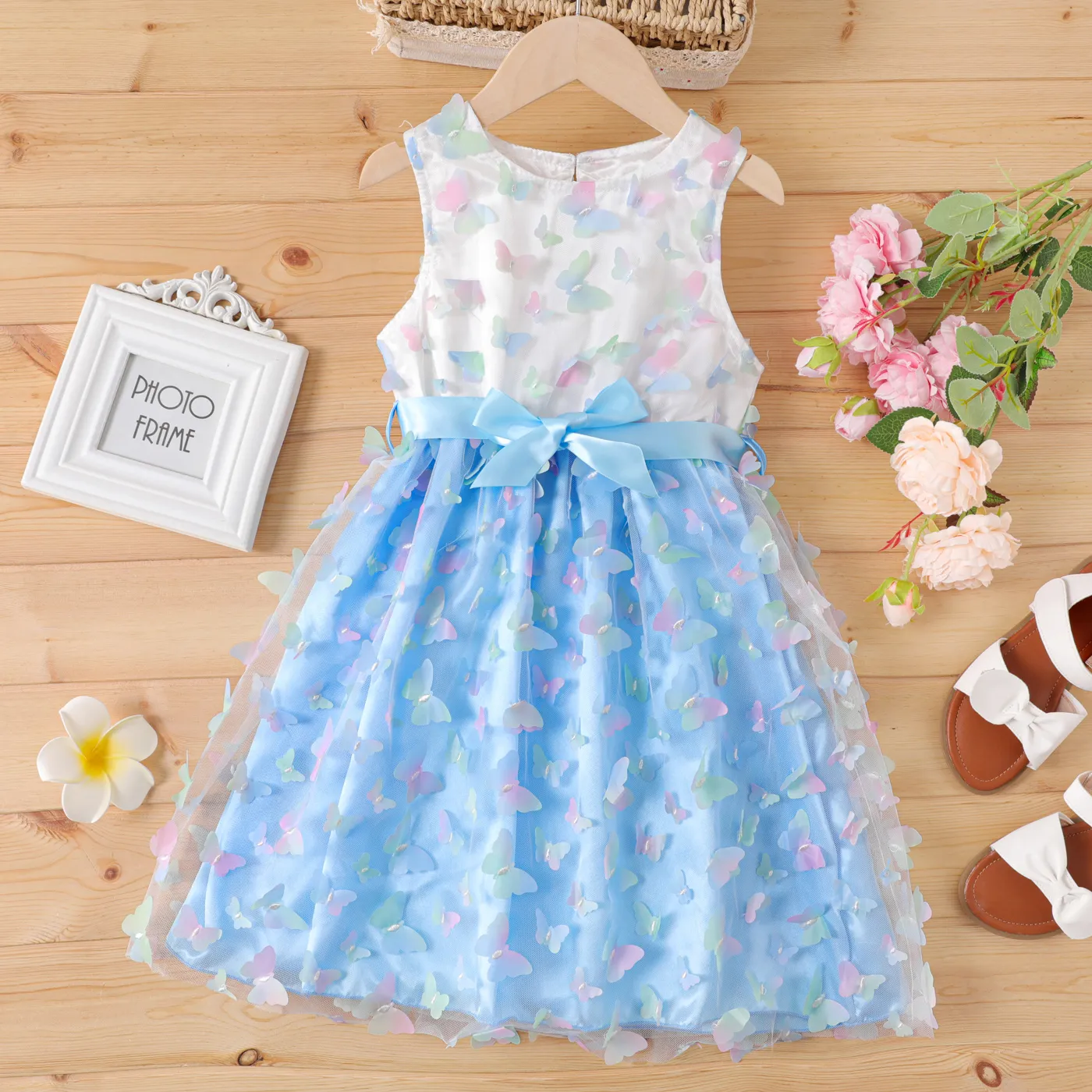 Kid Girl 3D Butterfly Applique Belted Mesh Tank Fairy Dress