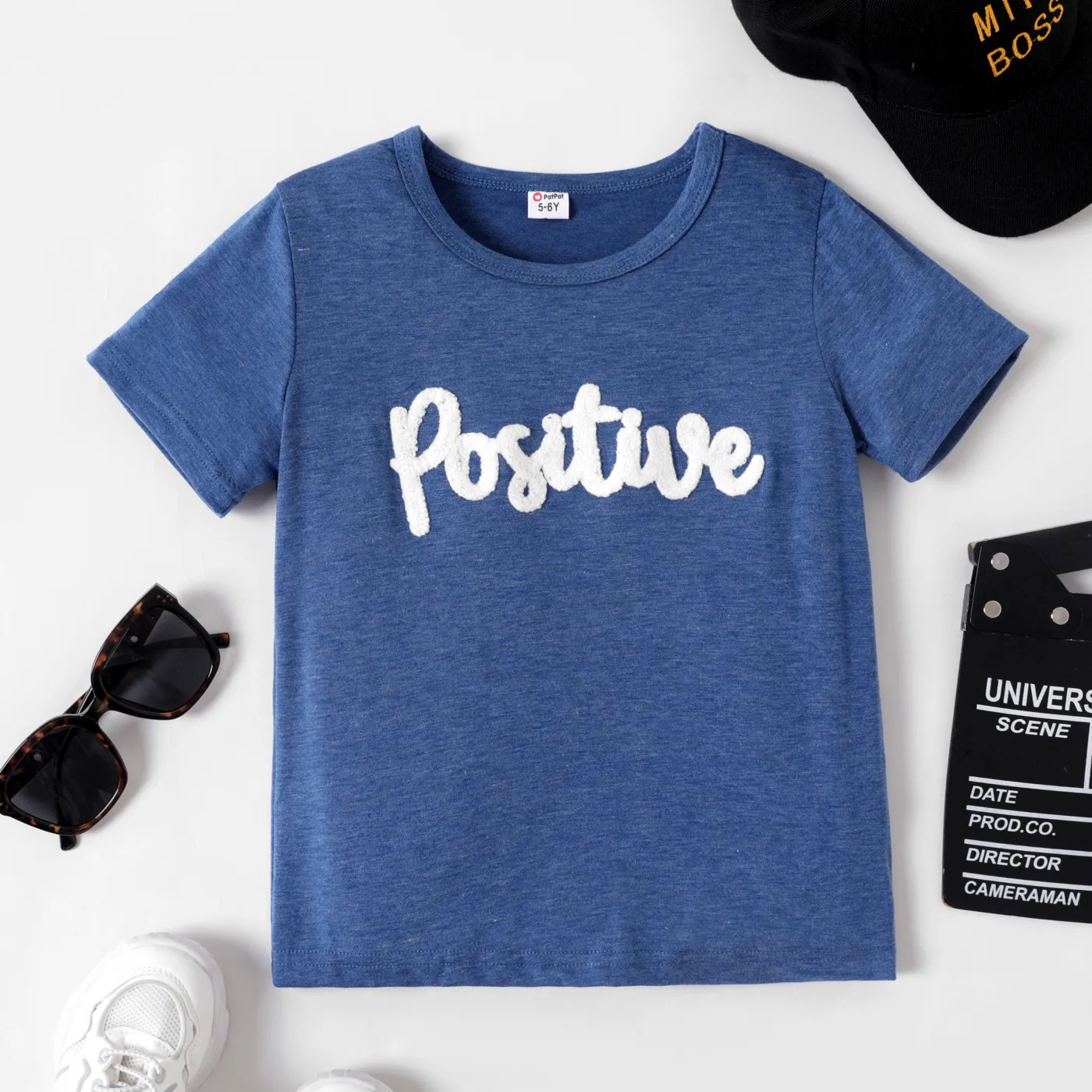 Kid Girl/Boy Letter Embroidered Short-sleeve Tee  Deep Blue big image 1
