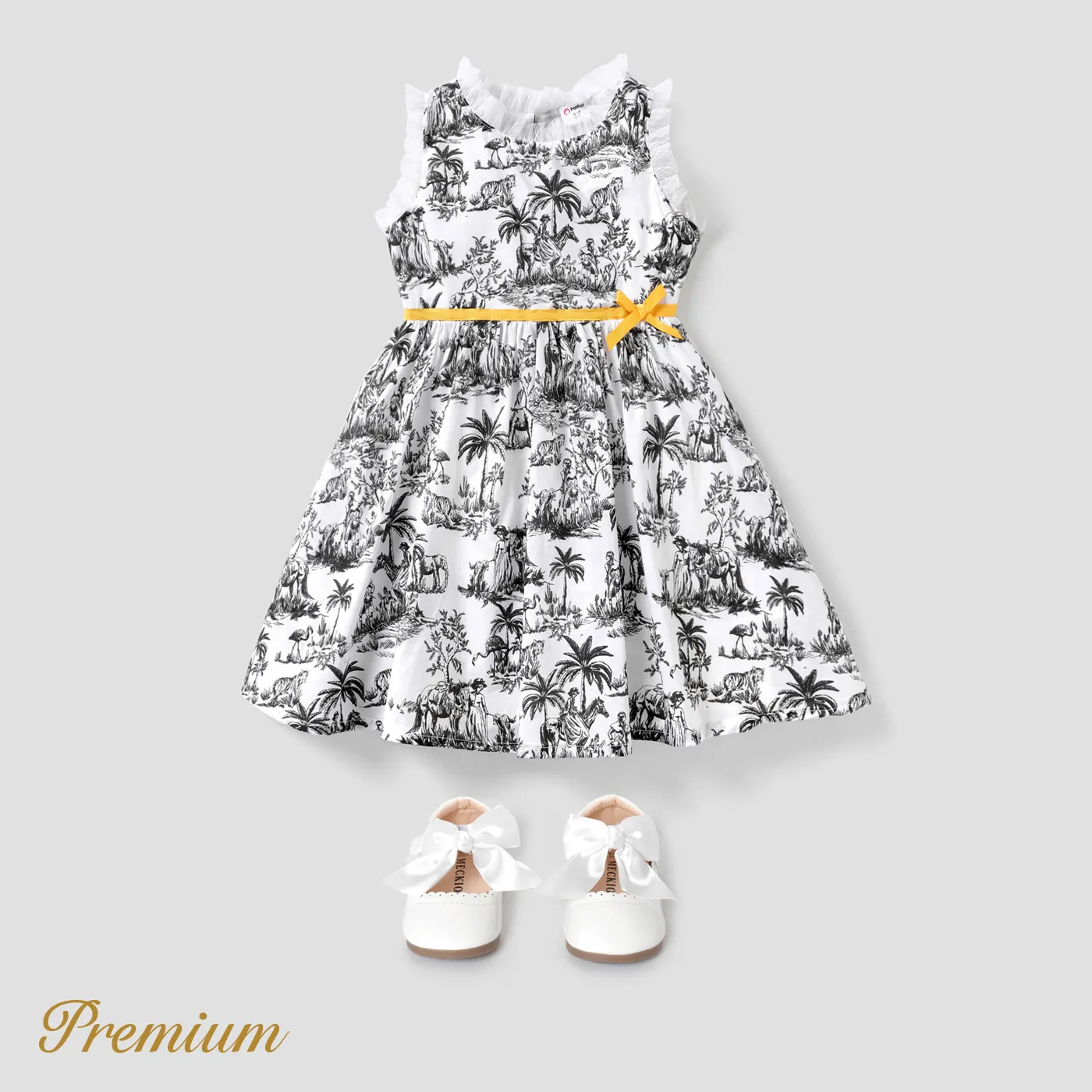 Criança Menina Extremidades franzidas Elegante Plantas e flores tropicais Vestidos Preto e branco big image 1