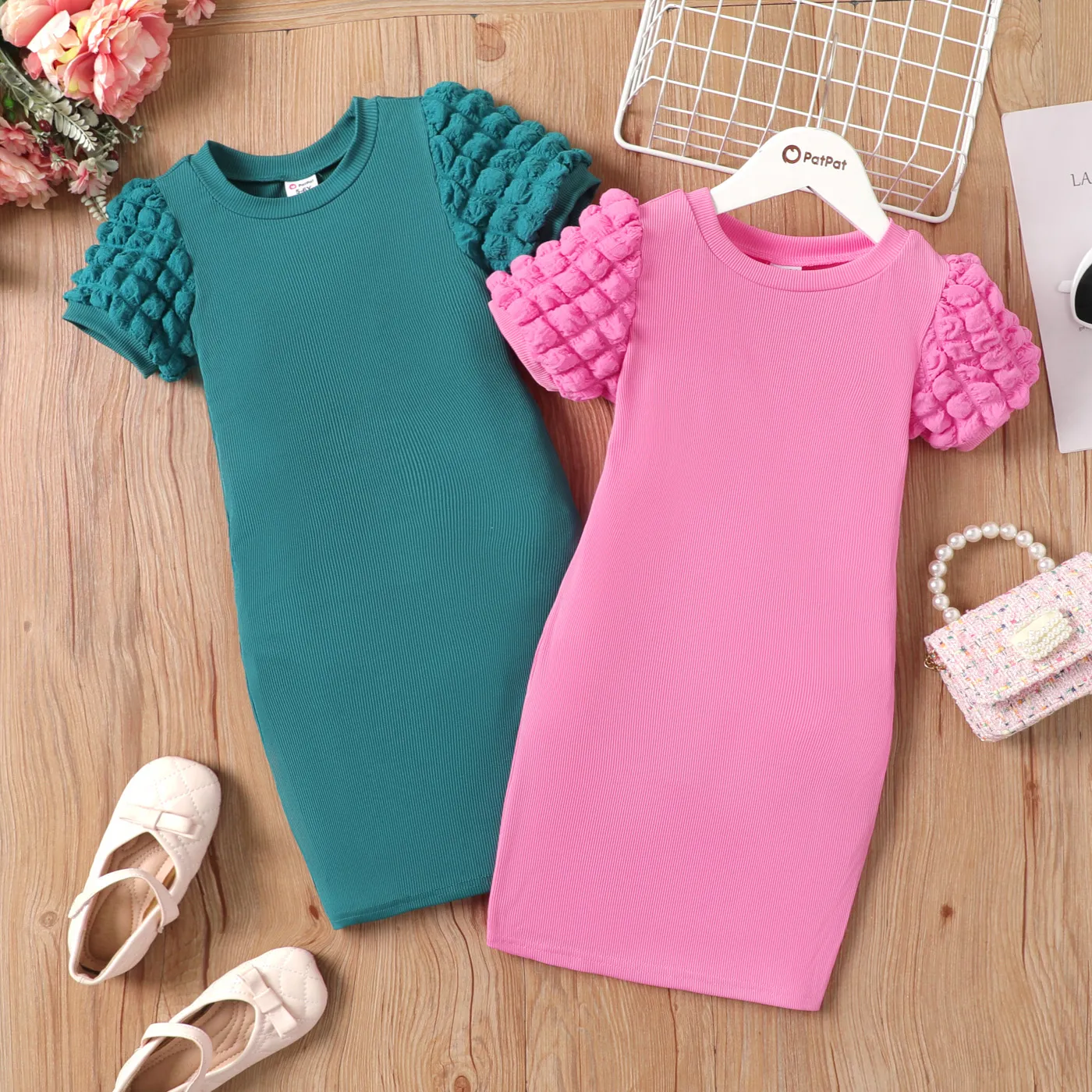 Kid Girl Textured Puff Sleeve Rib-knit Tunic Dress